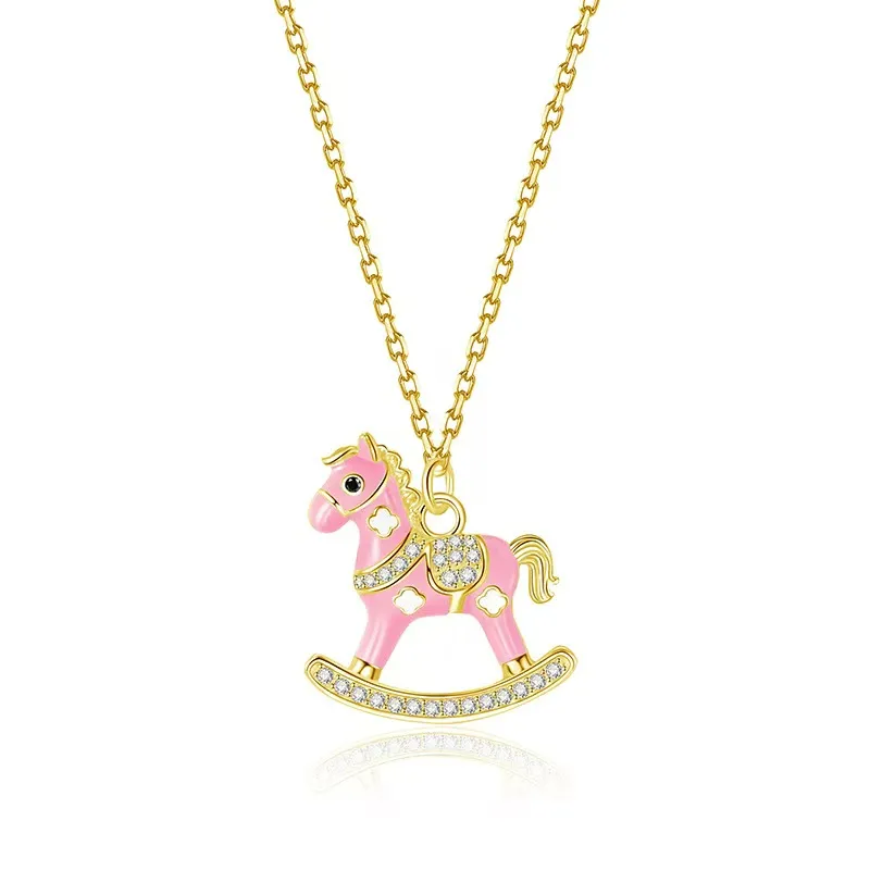 Pink Enamel Rocking Horse Pendant Necklace