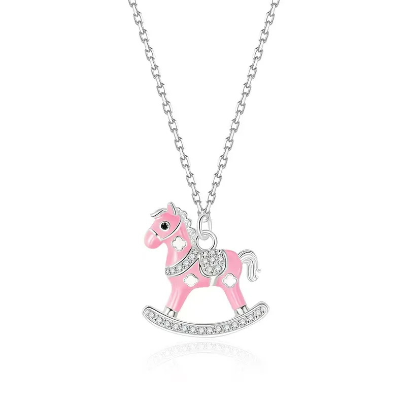 Pink Enamel Rocking Horse with Gemstone Necklace