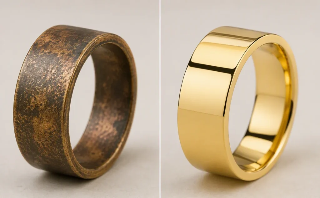 side-by-side comparison of tarnished raw brass and polished gold plated brass jewelry